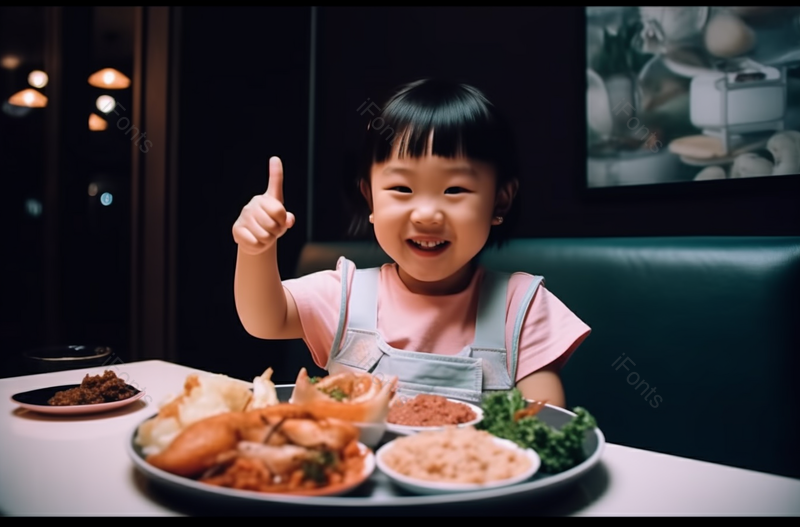 可爱的亚洲小女孩喜欢她的孩子套餐,在餐厅里用叉子吃自己的东西,同时用大拇指向上指,高清,摄影图,摄影图片,图片大全,摄影图免费下载